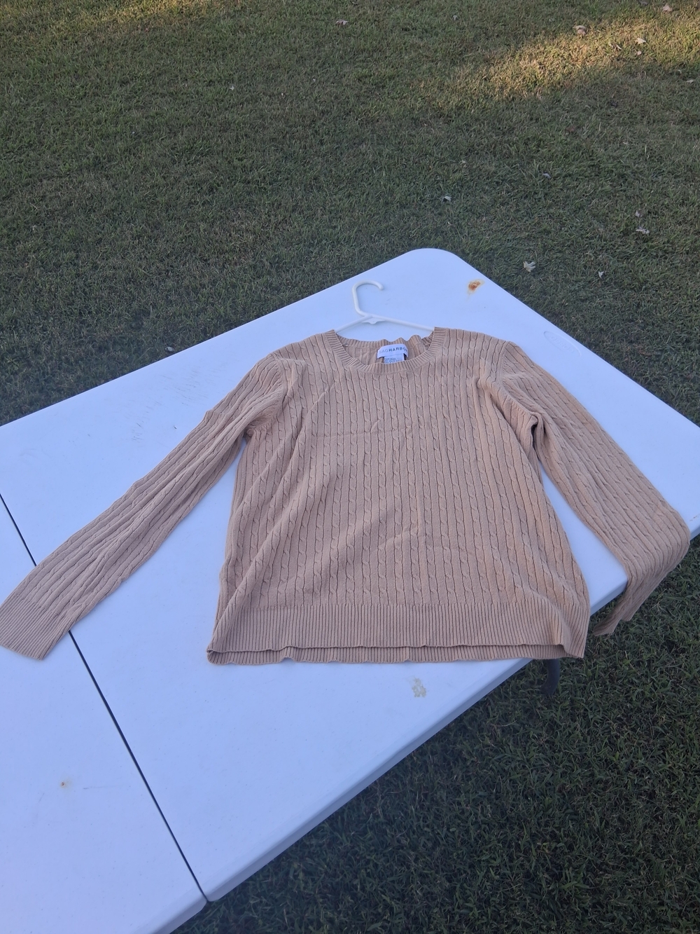 Sag Harbor Tan Cable-Knit Crewneck Sweater